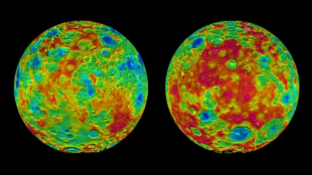 This pair of images shows color-coded maps from NASA's Dawn mission, revealing the highs and lows of topography on the surface of dwarf planet Ceres. Image credit: NASA/JPL-Caltech/UCLA/MPS/DLR/IDA This pair of images shows color-coded maps from NASA's Dawn mission, revealing the highs and lows of topography on the surface of dwarf planet Ceres. Image credit: NASA/JPL-Caltech/UCLA/MPS/DLR/IDA