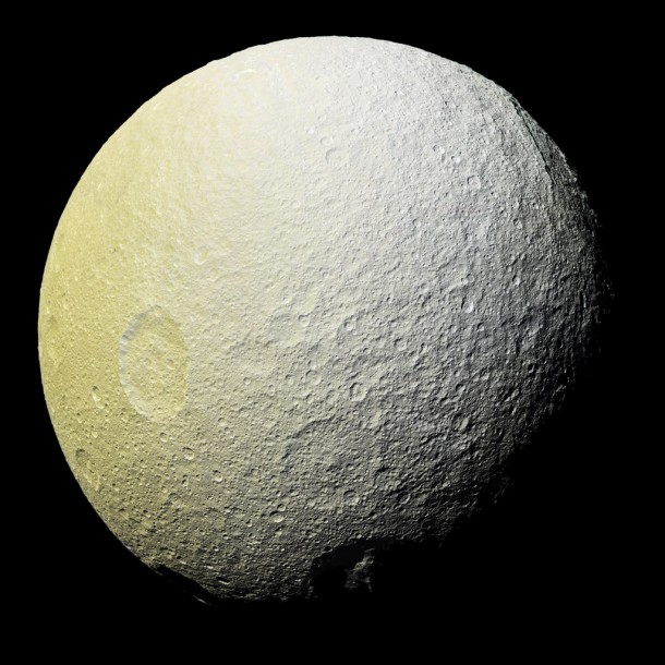 This enhanced-color mosaic of Tethys shows terrain slightly farther to the southwest than images taken a couple of hours earlier. A version with standard image processing is available, along with a strongly enhanced version. Credits: NASA/JPL-Caltech/Space Science Institute This enhanced-color mosaic of Tethys shows terrain slightly farther to the southwest than images taken a couple of hours earlier. A version with standard image processing is available, along with a strongly enhanced version. Credits: NASA/JPL-Caltech/Space Science Institute