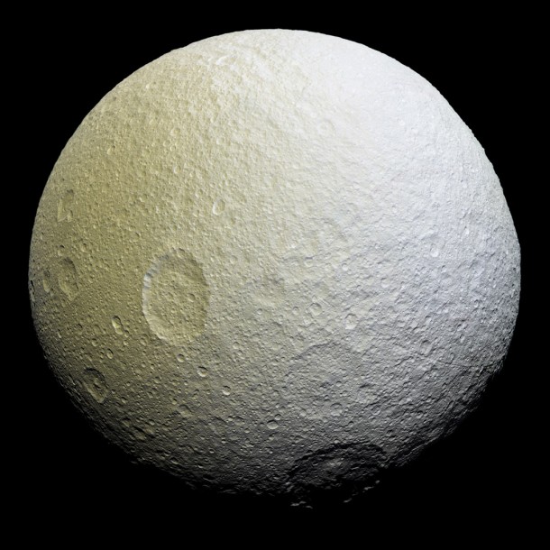 This enhanced-color mosaic of Saturn's icy moon Tethys shows a range of features on the moon's trailing hemisphere. Tethys is tidally locked to Saturn, so the trailing hemisphere is the side of the moon that always faces opposite its direction of motion as it orbits the planet. Credits: NASA/JPL-Caltech/Space Science Institute This enhanced-color mosaic of Saturn's icy moon Tethys shows a range of features on the moon's trailing hemisphere. Tethys is tidally locked to Saturn, so the trailing hemisphere is the side of the moon that always faces opposite its direction of motion as it orbits the planet. Credits: NASA/JPL-Caltech/Space Science Institute