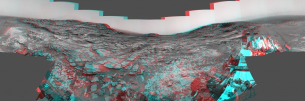 This stereo view from the Curiosity Mars rover's Navcam shows a 360-degree panorama around the site where the rover spent its 1,000th Martian day, or sol, on Mars. The image appears three-dimensional when viewed through red-blue glasses with the red lens on the left. The site is near "Marias Pass." Image credit: NASA/JPL-Caltech This stereo view from the Curiosity Mars rover's Navcam shows a 360-degree panorama around the site where the rover spent its 1,000th Martian day, or sol, on Mars. The image appears three-dimensional when viewed through red-blue glasses with the red lens on the left. The site is near "Marias Pass." Image credit: NASA/JPL-Caltech