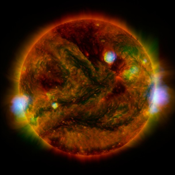 Flaring, active regions of our sun are highlighted in this new image combining observations from several telescopes. Image credit: NASA/JPL-Caltech/GSFC/JAXA Flaring, active regions of our sun are highlighted in this new image combining observations from several telescopes. Image credit: NASA/JPL-Caltech/GSFC/JAXA