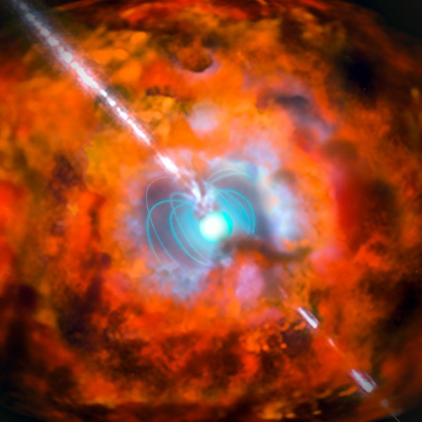 This artist’s impression shows a supernova and associated gamma-ray burst driven by a rapidly spinning neutron star with a very strong magnetic field — an exotic object known as a magnetar. Observations from ESO’s La Silla and Paranal Observatories in Chile have for the first time demonstrated a link between a very long-lasting burst of gamma rays and an unusually bright supernova explosion. The results show that the supernova following the burst GRB 111209A was not driven by radioactive decay, as expected, but was instead powered by the decaying super-strong magnetic fields around a magnetar. Credit: ESO This artist’s impression shows a supernova and associated gamma-ray burst driven by a rapidly spinning neutron star with a very strong magnetic field — an exotic object known as a magnetar. Observations from ESO’s La Silla and Paranal Observatories in Chile have for the first time demonstrated a link between a very long-lasting burst of gamma rays and an unusually bright supernova explosion. The results show that the supernova following the burst GRB 111209A was not driven by radioactive decay, as expected, but was instead powered by the decaying super-strong magnetic fields around a magnetar. Credit: ESO