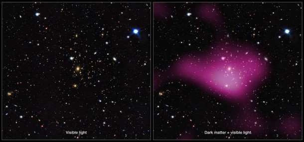 Left, a group of galaxies mapped by KiDS. Right, the same area of sky, but with the invisible dark matter rendered in pink. Credit: Kilo-Degree Survey Collaboration/A. Tudorica & C. Heymans/ESO Left, a group of galaxies mapped by KiDS. Right, the same area of sky, but with the invisible dark matter rendered in pink. Credit: Kilo-Degree Survey Collaboration/A. Tudorica & C. Heymans/ESO