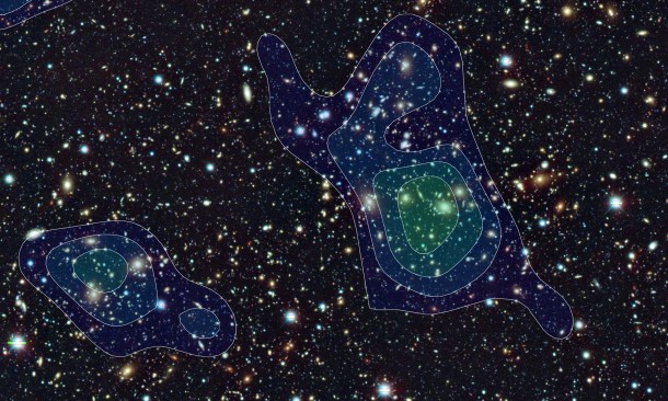 Figure 1: A 14 arc minute by 9.5 arc minute section of a Hyper Suprime-Cam image, with contour lines showing the dark matter distribution. A higher resolution images is available by clicking the image. An image with just the background galaxies is available here. There is also a scalable image available in color and black and white. (Credit: NAOJ/HSC Project) Figure 1: A 14 arc minute by 9.5 arc minute section of a Hyper Suprime-Cam image, with contour lines showing the dark matter distribution. A higher resolution images is available by clicking the image. An image with just the background galaxies is available here. There is also a scalable image available in color and black and white. (Credit: NAOJ/HSC Project)