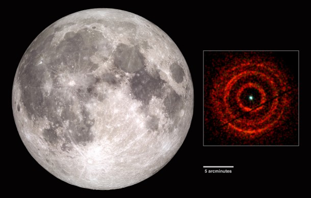 The Swift X-ray image of V404 Cygni covers a patch of the sky equal to about half the apparent diameter of the full moon. This image shows the rings as they appeared on June 30. Credits: NASA's Scientific Visualization Studio (left), Andrew Beardmore (Univ. of Leicester); NASA/Swift (right) The Swift X-ray image of V404 Cygni covers a patch of the sky equal to about half the apparent diameter of the full moon. This image shows the rings as they appeared on June 30. Credits: NASA's Scientific Visualization Studio (left), Andrew Beardmore (Univ. of Leicester); NASA/Swift (right)