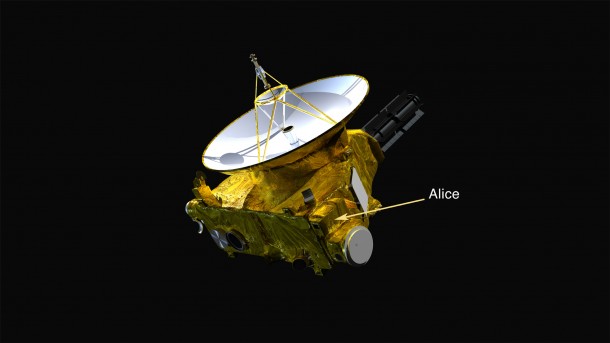 The location of the Alice ultraviolet imaging spectrograph on the New Horizons spacecraft is indicated. Credits: Photo credit: NASA/Johns Hopkins Applied Physics Laboratory/Southwest Research Institute The location of the Alice ultraviolet imaging spectrograph on the New Horizons spacecraft is indicated. Credits: Photo credit: NASA/Johns Hopkins Applied Physics Laboratory/Southwest Research Institute