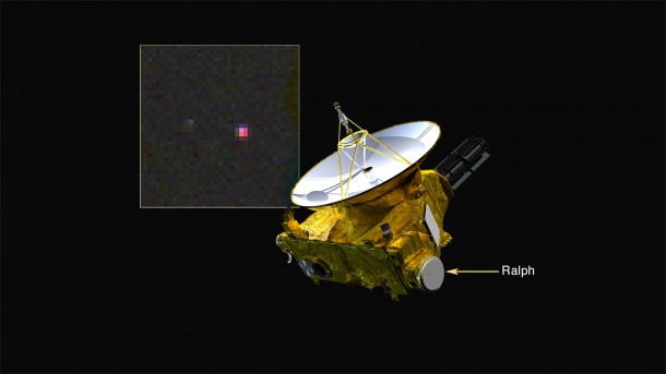 The location of the New Horizons Ralph instrument, which detected methane on Pluto, is shown. The inset is a false color image of Pluto and Charon in infrared light; pink indicates methane on Pluto’s surface. Credits: Photo credit: NASA/Johns Hopkins Applied Physics Laboratory/Southwest Research Institute The location of the New Horizons Ralph instrument, which detected methane on Pluto, is shown. The inset is a false color image of Pluto and Charon in infrared light; pink indicates methane on Pluto’s surface. Credits: Photo credit: NASA/Johns Hopkins Applied Physics Laboratory/Southwest Research Institute