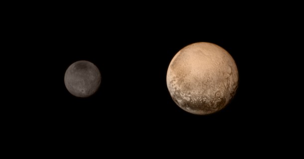 A portrait from the final approach. Pluto and Charon display striking color and brightness contrast in this composite image from July 11, showing high-resolution black-and-white LORRI images colorized with Ralph data collected from the last rotation of Pluto. Color data being returned by the spacecraft now will update these images, bringing color contrast into sharper focus. Credits: NASA-JHUAPL-SWRI A portrait from the final approach. Pluto and Charon display striking color and brightness contrast in this composite image from July 11, showing high-resolution black-and-white LORRI images colorized with Ralph data collected from the last rotation of Pluto. Color data being returned by the spacecraft now will update these images, bringing color contrast into sharper focus. Credits: NASA-JHUAPL-SWRI