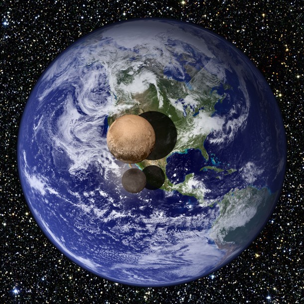 This graphic presents a view of Pluto and Charon as they would appear if placed slightly above Earth's surface and viewed from a great distance. Recent measurements obtained by New Horizons indicate that Pluto has a diameter of 2370 km, 18.5% that of Earth's, while Charon has a diameter of 1208 km, 9.5% that of Earth's. This graphic presents a view of Pluto and Charon as they would appear if placed slightly above Earth's surface and viewed from a great distance. Recent measurements obtained by New Horizons indicate that Pluto has a diameter of 2370 km, 18.5% that of Earth's, while Charon has a diameter of 1208 km, 9.5% that of Earth's.