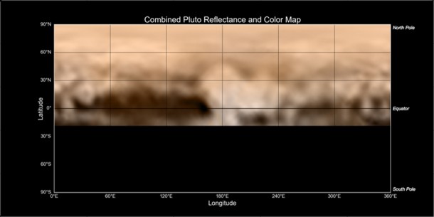 This map of Pluto, made from images taken by the LORRI instrument aboard New Horizons, shows a wide array of bright and dark markings of varying sizes and shapes. Perhaps most intriguing is the fact that all of the darkest material on the surface lies along Pluto’s equator. The color version was created from lower-resolution color data from the spacecraft’s Ralph instrument. Credits: NASA-JHUAPL-SWRI This map of Pluto, made from images taken by the LORRI instrument aboard New Horizons, shows a wide array of bright and dark markings of varying sizes and shapes. Perhaps most intriguing is the fact that all of the darkest material on the surface lies along Pluto’s equator. The color version was created from lower-resolution color data from the spacecraft’s Ralph instrument. Credits: NASA-JHUAPL-SWRI