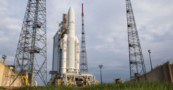Arianespace’s heavy-lift Ariane 5 is shown at the Spaceport’s ELA-3 launch site, ready for liftoff with its dual payload of the EUTELSAT 8 West B and Intelsat 34 satellites. Arianespace’s heavy-lift Ariane 5 is shown at the Spaceport’s ELA-3 launch site, ready for liftoff with its dual payload of the EUTELSAT 8 West B and Intelsat 34 satellites.