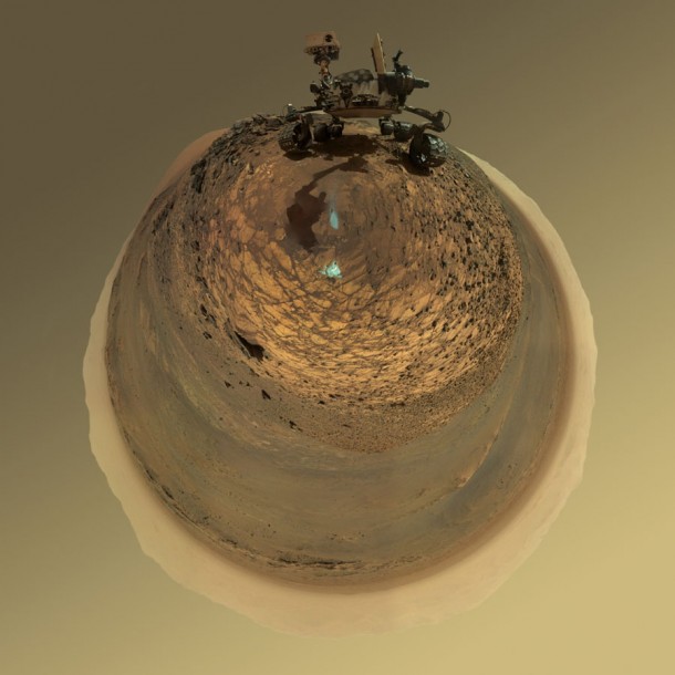 This version of a self-portrait of NASA's Curiosity Mars rover at a drilling site called "Buckskin" is presented as a stereographic projection, which shows the horizon as a circle. The MAHLI camera on Curiosity's robotic arm took dozens of component images for this selfie on Aug. 5, 2015. Credit: NASA/JPL-Caltech/MSSS This version of a self-portrait of NASA's Curiosity Mars rover at a drilling site called "Buckskin" is presented as a stereographic projection, which shows the horizon as a circle. The MAHLI camera on Curiosity's robotic arm took dozens of component images for this selfie on Aug. 5, 2015. Credit: NASA/JPL-Caltech/MSSS