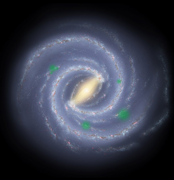 In this theoretical artist's conception of the Milky Way galaxy, translucent green "bubbles" mark areas where life has spread beyond its home system to create cosmic oases, a process called panspermia. New research suggests that we could detect the pattern of panspermia, if it occurs. NASA/JPL/R. Hurt In this theoretical artist's conception of the Milky Way galaxy, translucent green "bubbles" mark areas where life has spread beyond its home system to create cosmic oases, a process called panspermia. New research suggests that we could detect the pattern of panspermia, if it occurs. NASA/JPL/R. Hurt