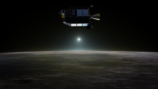 Artist’s concept of NASA's Lunar Atmosphere and Dust Environment Explorer (LADEE) spacecraft in orbit above the moon. Credits: NASA Ames / Dana Berry Artist’s concept of NASA's Lunar Atmosphere and Dust Environment Explorer (LADEE) spacecraft in orbit above the moon. Credits: NASA Ames / Dana Berry