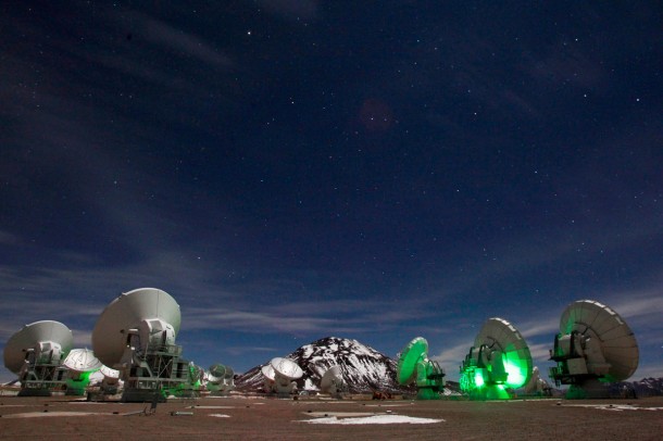 The ALMA telescope as seen at night. Its superior resolution and sensitivity allow it to detect and image the faint millimeter-wavelength light emitted by molecules in space. Credit: C. Padilla (NRAO/AUI/NSF) The ALMA telescope as seen at night. Its superior resolution and sensitivity allow it to detect and image the faint millimeter-wavelength light emitted by molecules in space. Credit: C. Padilla (NRAO/AUI/NSF)