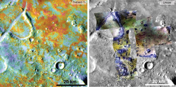 Researchers estimating the amount of carbon held in the ground at the largest known carbonate deposit on Mars used data from five instruments on three NASA Mars orbiters, including physical properties from THEMIS (left) and mineral information from CRISM (right). Image credit: NASA/JPL-Caltech/ASU/JHUAPL Researchers estimating the amount of carbon held in the ground at the largest known carbonate deposit on Mars used data from five instruments on three NASA Mars orbiters, including physical properties from THEMIS (left) and mineral information from CRISM (right). Image credit: NASA/JPL-Caltech/ASU/JHUAPL