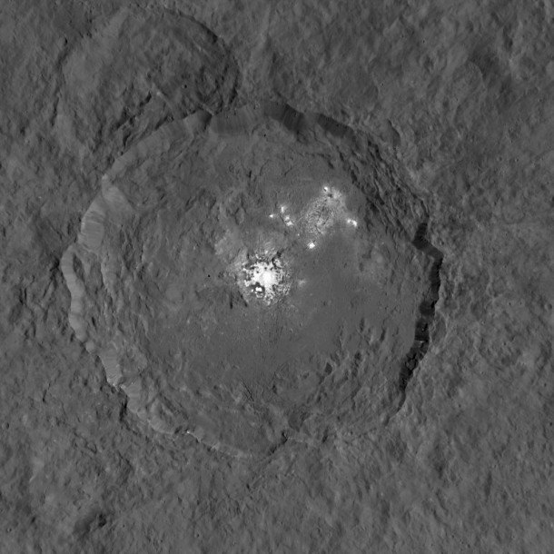 This image, made using images taken by NASA's Dawn spacecraft, shows Occator crater on Ceres, home to a collection of intriguing bright spots. Image credit: NASA/JPL-Caltech/UCLA/MPS/DLR/IDA This image, made using images taken by NASA's Dawn spacecraft, shows Occator crater on Ceres, home to a collection of intriguing bright spots. Image credit: NASA/JPL-Caltech/UCLA/MPS/DLR/IDA