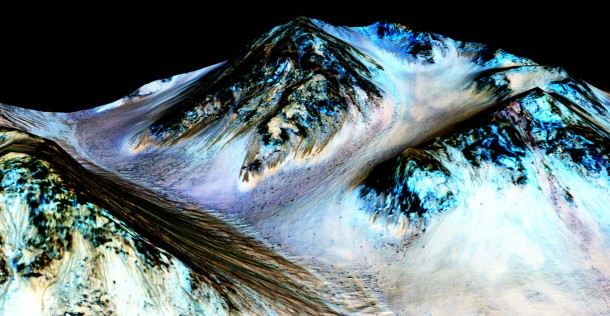 Dark, narrow streaks on Martian slopes such as these at Hale Crater are inferred to be formed by seasonal flow of water on contemporary Mars. The streaks are roughly the length of a football field. Image credit: NASA/JPL-Caltech/Univ. of Arizona Dark, narrow streaks on Martian slopes such as these at Hale Crater are inferred to be formed by seasonal flow of water on contemporary Mars. The streaks are roughly the length of a football field. Image credit: NASA/JPL-Caltech/Univ. of Arizona