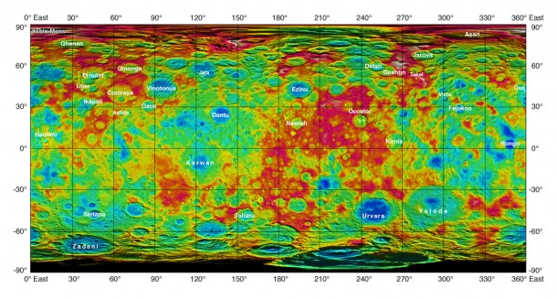 This color-coded map from NASA's Dawn mission shows the highs and lows of topography on the surface of dwarf planet Ceres. Credit: NASA/JPL-Caltech/UCLA/MPS/DLR/IDA This color-coded map from NASA's Dawn mission shows the highs and lows of topography on the surface of dwarf planet Ceres. Credit: NASA/JPL-Caltech/UCLA/MPS/DLR/IDA