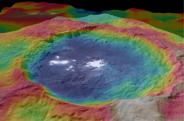 This view, made using images taken by NASA's Dawn spacecraft, is a color-coded topographic map of Occator crater on Ceres. Credit: NASA/JPL-Caltech/UCLA/MPS/DLR/IDA This view, made using images taken by NASA's Dawn spacecraft, is a color-coded topographic map of Occator crater on Ceres. Credit: NASA/JPL-Caltech/UCLA/MPS/DLR/IDA