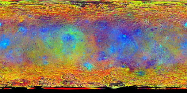 This map-projected view of Ceres was created from images taken by NASA's Dawn spacecraft during its high-altitude mapping orbit, in August and September, 2015. Image Credit: NASA/JPL-Caltech/UCLA/MPS/DLR/IDA This map-projected view of Ceres was created from images taken by NASA's Dawn spacecraft during its high-altitude mapping orbit, in August and September, 2015. Image Credit: NASA/JPL-Caltech/UCLA/MPS/DLR/IDA