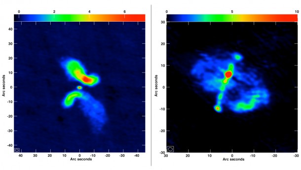 At left is the galaxy J0702+5002, which the researchers concluded is not an X-shaped galaxy whose form is caused by a merger. At right is the galaxy J1043+3131, which is a "true" candidate for a merged system. Credit: Roberts, et al., NRAO/AUI/NSF At left is the galaxy J0702+5002, which the researchers concluded is not an X-shaped galaxy whose form is caused by a merger. At right is the galaxy J1043+3131, which is a "true" candidate for a merged system. Credit: Roberts, et al., NRAO/AUI/NSF