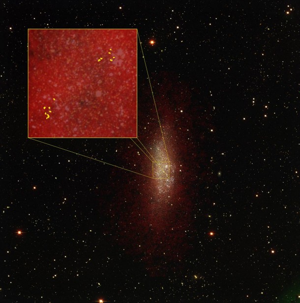 ALMA discovers an unexpected population of compact interstellar clouds inside the dwarf irregular galaxy WLM. These star-forming clouds provide the necessary nurturing environment to form star clusters. As seen in relation to an optical image of the galaxy taken with the Blanco 4-meter telescope, (box upper left) an overlaying blanket of hydrogen gas (red) imaged with NRAO's VLA telescope provides the pressure necessary to concentrate molecules of carbon monoxide (yellow) as seen with ALMA. These regions correspond to dense cores capable of forming clusters like those found in the Milky Way and other large galaxies. Credit: B. Saxton (NRAO/AUI/NSF); M. Rubio et al., Universidad de Chile, ALMA (NRAO/ESO/NAOJ); D. Hunter and A. Schruba, VLA (NRAO/AUI/NSF); P. Massey/Lowell Observatory and K. Olsen (NOAO/AURA/NSF) ALMA discovers an unexpected population of compact interstellar clouds inside the dwarf irregular galaxy WLM. These star-forming clouds provide the necessary nurturing environment to form star clusters. As seen in relation to an optical image of the galaxy taken with the Blanco 4-meter telescope, (box upper left) an overlaying blanket of hydrogen gas (red) imaged with NRAO's VLA telescope provides the pressure necessary to concentrate molecules of carbon monoxide (yellow) as seen with ALMA. These regions correspond to dense cores capable of forming clusters like those found in the Milky Way and other large galaxies. Credit: B. Saxton (NRAO/AUI/NSF); M. Rubio et al., Universidad de Chile, ALMA (NRAO/ESO/NAOJ); D. Hunter and A. Schruba, VLA (NRAO/AUI/NSF); P. Massey/Lowell Observatory and K. Olsen (NOAO/AURA/NSF)