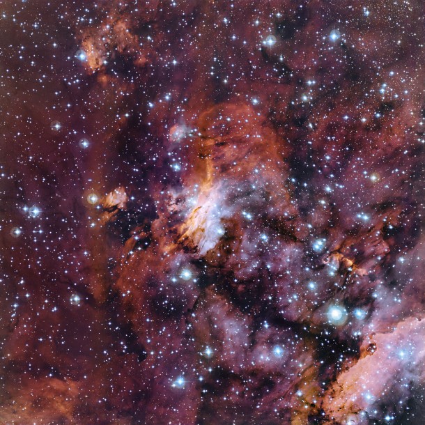 The rich patchwork of gas clouds in this new image make up part of a huge stellar nursery nicknamed the Prawn Nebula (also known as Gum 56 and IC 4628). Taken using the MPG/ESO 2.2-metre telescope at the La Silla Observatory in Chile, this may well be one of the best pictures ever taken of this object. It shows clumps of hot new-born stars nestled in among the clouds that make up the nebula. Credit: ESO The rich patchwork of gas clouds in this new image make up part of a huge stellar nursery nicknamed the Prawn Nebula (also known as Gum 56 and IC 4628). Taken using the MPG/ESO 2.2-metre telescope at the La Silla Observatory in Chile, this may well be one of the best pictures ever taken of this object. It shows clumps of hot new-born stars nestled in among the clouds that make up the nebula. Credit: ESO