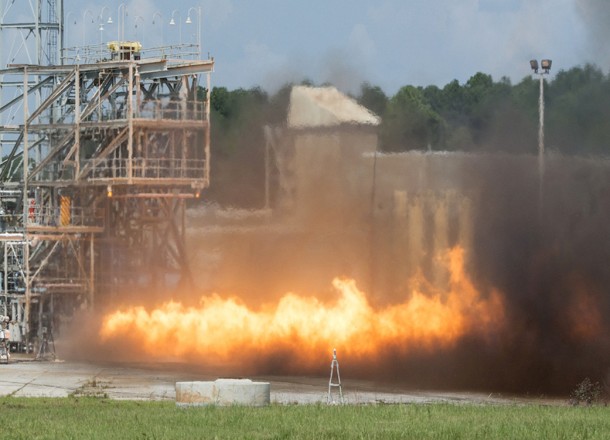 The gas generator to an F-1 engine is test-fired this September at NASA's Marshall Space Flight Center in Huntsville, Alabama. Although the engine was originally built to power the Saturn V rockets during America's missions to the moon, this test article had new parts created using additive manufacturing, or 3-D printing, to test the viability of the technology for building new engine designs. Credits: NASA The gas generator to an F-1 engine is test-fired this September at NASA's Marshall Space Flight Center in Huntsville, Alabama. Although the engine was originally built to power the Saturn V rockets during America's missions to the moon, this test article had new parts created using additive manufacturing, or 3-D printing, to test the viability of the technology for building new engine designs. Credits: NASA
