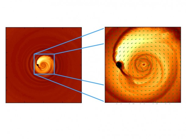 This simulation helps explain an odd light signal thought to be coming from a close-knit pair of merging black holes, PG 1302-102, located 3.5 billion light-years away. Image credit: Columbia University This simulation helps explain an odd light signal thought to be coming from a close-knit pair of merging black holes, PG 1302-102, located 3.5 billion light-years away. Image credit: Columbia University