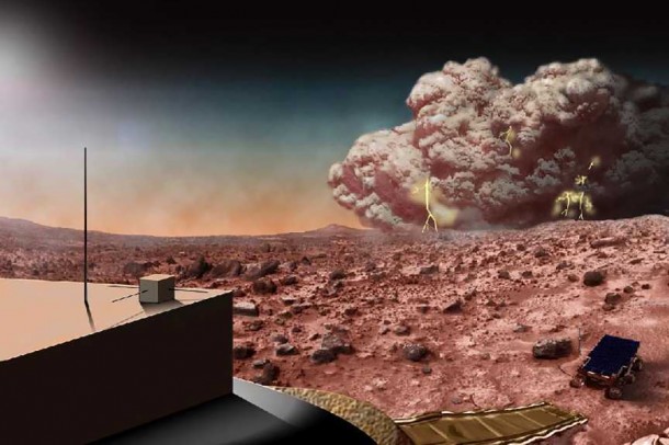 This artists concept illustrates a Martian dust storm, which might also crackle with electricity. Credits: NASA This artists concept illustrates a Martian dust storm, which might also crackle with electricity. Credits: NASA