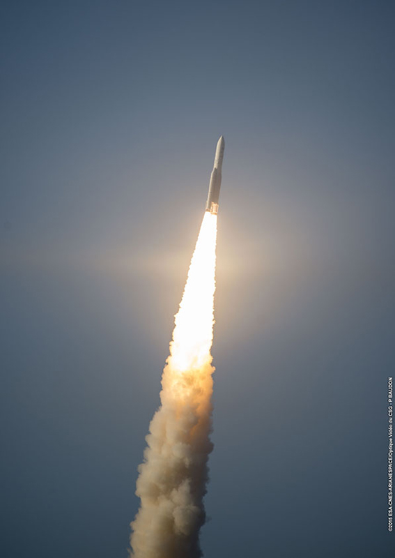 The Ariane 5 ascends from the Spaceport in French Guiana with a dual-satellite payload of Sky Muster and ARSAT-2. The Ariane 5 ascends from the Spaceport in French Guiana with a dual-satellite payload of Sky Muster and ARSAT-2.