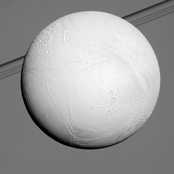 Earlier in Cassini's mission at Saturn, northern terrains on the ocean-bearing icy moon Enceladus were in the shadow of winter. Image credit: NASA/JPL-Caltech/SSI Earlier in Cassini's mission at Saturn, northern terrains on the ocean-bearing icy moon Enceladus were in the shadow of winter. Image credit: NASA/JPL-Caltech/SSI