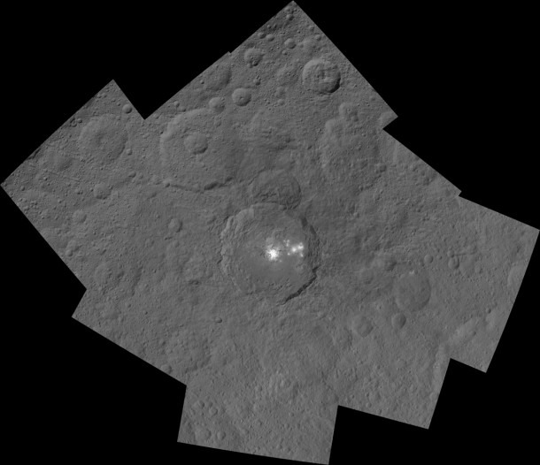 This mosaic shows Ceres' Occator crater and surrounding terrain from an altitude of 915 miles (1,470 kilometers), as seen by NASA's Dawn spacecraft. Occator is about 60 miles (90 kilometers) across and 2 miles (4 kilometers) deep. Image Credit: NASA/JPL-Caltech/UCLA/MPS/DLR/IDA This mosaic shows Ceres' Occator crater and surrounding terrain from an altitude of 915 miles (1,470 kilometers), as seen by NASA's Dawn spacecraft. Occator is about 60 miles (90 kilometers) across and 2 miles (4 kilometers) deep. Image Credit: NASA/JPL-Caltech/UCLA/MPS/DLR/IDA