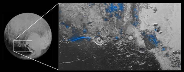 Water Ice on Pluto: Regions with exposed water ice are highlighted in blue in this composite image from New Horizons' Ralph instrument, combining visible imagery from the Multispectral Visible Imaging Camera (MVIC) with infrared spectroscopy from the Linear Etalon Imaging Spectral Array (LEISA). The strongest signatures of water ice occur along Virgil Fossa, just west of Elliot crater on the left side of the inset image, and also in Viking Terra near the top of the frame. A major outcrop also occurs in Baré Montes towards the right of the image, along with numerous much smaller outcrops, mostly associated with impact craters and valleys between mountains. The scene is approximately 280 miles (450 kilometers) across. Note that all surface feature names are informal. Credits: NASA/JHUAPL/SwRI Water Ice on Pluto: Regions with exposed water ice are highlighted in blue in this composite image from New Horizons' Ralph instrument, combining visible imagery from the Multispectral Visible Imaging Camera (MVIC) with infrared spectroscopy from the Linear Etalon Imaging Spectral Array (LEISA). The strongest signatures of water ice occur along Virgil Fossa, just west of Elliot crater on the left side of the inset image, and also in Viking Terra near the top of the frame. A major outcrop also occurs in Baré Montes towards the right of the image, along with numerous much smaller outcrops, mostly associated with impact craters and valleys between mountains. The scene is approximately 280 miles (450 kilometers) across. Note that all surface feature names are informal. Credits: NASA/JHUAPL/SwRI
