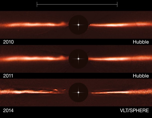 The top row shows a Hubble image of the AU Mic disc from 2010, the middle row Hubble from 2011 and the bottom row VLT/SPHERE data from 2014. The black central circles show where the brilliant light of the central star has been blocked off to reveal the much fainter disc, and the position of the star is indicated schematically. The scale bar at the top of the picture indicates the diameter of the orbit of the planet Neptune in the Solar System (60 AU). Note that the brightness of the outer parts of the disc has been artificially brightened to reveal the faint structure. Credit: ESO, NASA & ESA The top row shows a Hubble image of the AU Mic disc from 2010, the middle row Hubble from 2011 and the bottom row VLT/SPHERE data from 2014. The black central circles show where the brilliant light of the central star has been blocked off to reveal the much fainter disc, and the position of the star is indicated schematically. The scale bar at the top of the picture indicates the diameter of the orbit of the planet Neptune in the Solar System (60 AU). Note that the brightness of the outer parts of the disc has been artificially brightened to reveal the faint structure. Credit: ESO, NASA & ESA