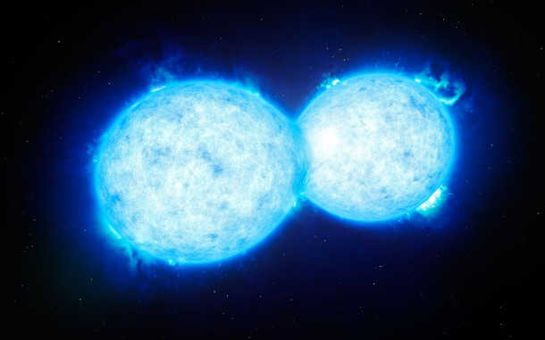 This artist’s impression shows VFTS 352 — the hottest and most massive double star system to date where the two components are in contact and sharing material. The two stars in this extreme system lie about 160 000 light-years from Earth in the Large Magellanic Cloud. This intriguing system could be heading for a dramatic end, either with the formation of a single giant star or as a future binary black hole. Credit: ESO/L. Calçada This artist’s impression shows VFTS 352 — the hottest and most massive double star system to date where the two components are in contact and sharing material. The two stars in this extreme system lie about 160 000 light-years from Earth in the Large Magellanic Cloud. This intriguing system could be heading for a dramatic end, either with the formation of a single giant star or as a future binary black hole. Credit: ESO/L. Calçada