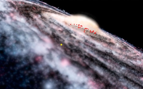 This diagram shows the locations of the newly discovered Cepheids in an artist’s rendering of the Milky Way. The yellow star indicates the position of the Sun. Credit: ESO/Microsoft WorldWide Telescope This diagram shows the locations of the newly discovered Cepheids in an artist’s rendering of the Milky Way. The yellow star indicates the position of the Sun. Credit: ESO/Microsoft WorldWide Telescope