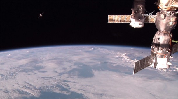 A high-definition camera on the International Space Station spots the Progress 61 resupply vehicle (upper left) just minutes before it docked to the Zvezda service module. Credit: NASA TV A high-definition camera on the International Space Station spots the Progress 61 resupply vehicle (upper left) just minutes before it docked to the Zvezda service module. Credit: NASA TV