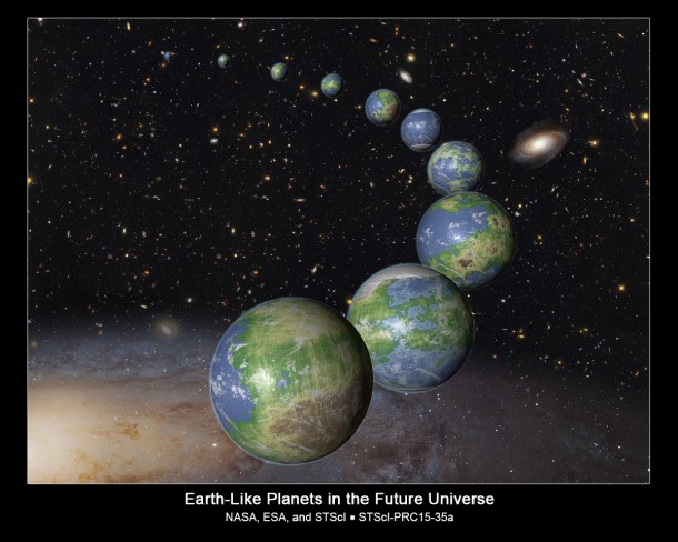 This is an artist's impression of innumerable Earth-like planets that have yet to be born over the next trillion years in the evolving universe. Credit: NASA, ESA, and G. Bacon (STScI) This is an artist's impression of innumerable Earth-like planets that have yet to be born over the next trillion years in the evolving universe. Credit: NASA, ESA, and G. Bacon (STScI)