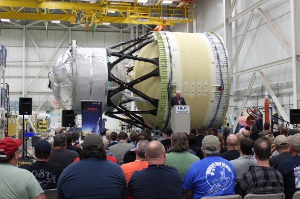Space Launch System Program Manager John Honeycutt thanks United Launch Alliance (ULA) and Boeing Co. employees for their work on the completed interim cryogenic propulsion stage (ICPS) test article during a media event Oct. 26 at ULA’s facility in Decatur, Alabama. The ICPS is the liquid oxygen/liquid hydrogen-based system that will give Orion the big, in-space push needed on that mission to fly beyond the moon before it returns to Earth. Credits: ULA Space Launch System Program Manager John Honeycutt thanks United Launch Alliance (ULA) and Boeing Co. employees for their work on the completed interim cryogenic propulsion stage (ICPS) test article during a media event Oct. 26 at ULA’s facility in Decatur, Alabama. The ICPS is the liquid oxygen/liquid hydrogen-based system that will give Orion the big, in-space push needed on that mission to fly beyond the moon before it returns to Earth. Credits: ULA