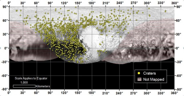 Locations of more than 1,000 craters mapped on Pluto by NASA’s New Horizons mission indicate a wide range of surface ages, which likely means Pluto has been geologically active throughout its history. Credits: NASA/JHUAPL/SwRI Locations of more than 1,000 craters mapped on Pluto by NASA’s New Horizons mission indicate a wide range of surface ages, which likely means Pluto has been geologically active throughout its history. Credits: NASA/JHUAPL/SwRI