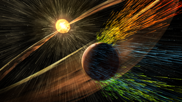 Artist’s rendering of a solar storm hitting Mars and stripping ions from the planet's upper atmosphere. Credits: NASA/GSFC Artist’s rendering of a solar storm hitting Mars and stripping ions from the planet's upper atmosphere. Credits: NASA/GSFC