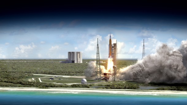 NASA¹s Space Launch System rocket will launch with Orion atop it from Launch Complex 39B at NASA¹s modernized spaceport at Kennedy Space Center in Florida. Credits: NASA NASA¹s Space Launch System rocket will launch with Orion atop it from Launch Complex 39B at NASA¹s modernized spaceport at Kennedy Space Center in Florida. Credits: NASA