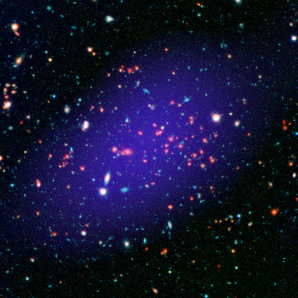 The galaxy cluster called MOO J1142+1527 can be seen here as it existed when light left it 8.5 billion years ago. The red galaxies at the center of the image make up the heart of the galaxy cluster. Image credit: NASA/JPL-Caltech/Gemini/CARMA The galaxy cluster called MOO J1142+1527 can be seen here as it existed when light left it 8.5 billion years ago. The red galaxies at the center of the image make up the heart of the galaxy cluster. Image credit: NASA/JPL-Caltech/Gemini/CARMA