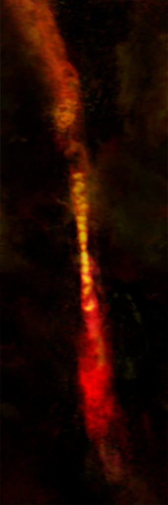 Astronomers using ALMA have imaged the episodic outflow of a young protostar known as CARMA-7. The twin jets -- each nearly 2.46 trillion kilometers long -- have distinct gaps, revealing that the star is growing by fits-and-starts. Credit: B. Saxton (NRAO/AUI/NSF); A. Plunkett et al.; ALMA (NRAO/ESO/NAOJ) Astronomers using ALMA have imaged the episodic outflow of a young protostar known as CARMA-7. The twin jets -- each nearly 2.46 trillion kilometers long -- have distinct gaps, revealing that the star is growing by fits-and-starts. Credit: B. Saxton (NRAO/AUI/NSF); A. Plunkett et al.; ALMA (NRAO/ESO/NAOJ)
