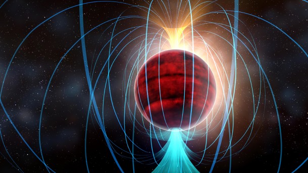 Artist's impression of red dwarf star TVLM 513-46546. ALMA observations suggest that it has an amazingly powerful magnetic field (shown by the blue lines), potentially associated with a flurry of solar-flare-like eruptions. Credit: NRAO/AUI/NSF; Dana Berry / SkyWorks Artist's impression of red dwarf star TVLM 513-46546. ALMA observations suggest that it has an amazingly powerful magnetic field (shown by the blue lines), potentially associated with a flurry of solar-flare-like eruptions. Credit: NRAO/AUI/NSF; Dana Berry / SkyWorks