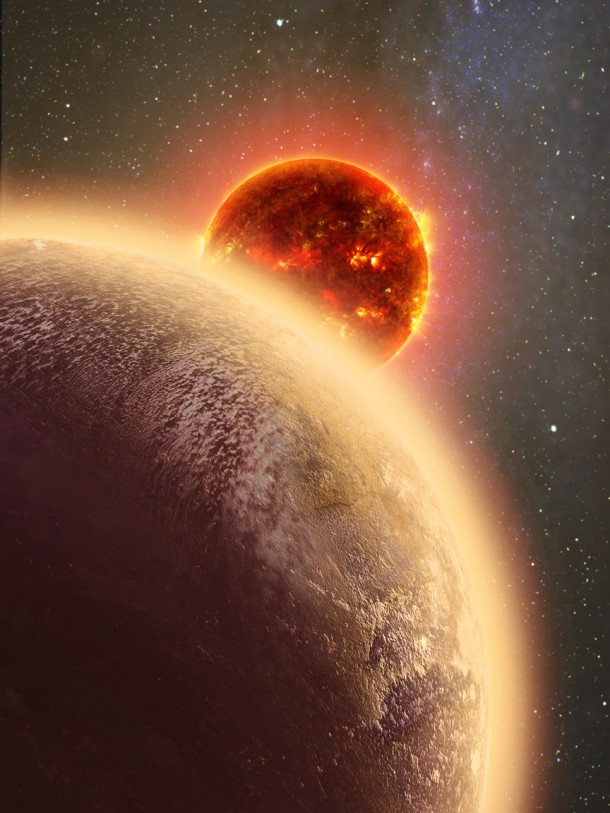 In this artist's conception GJ 1132b, a rocky exoplanet very similar to Earth in size and mass, circles a red dwarf star. GJ 1132b is relatively cool, about 450 degrees F, and could potentially host an atmosphere. At a distance of only 39 light-years, it will be a prime target for additional study with Hubble and future observatories like the Giant Magellan Telescope. (This image is free to reuse or redistribute with attribution.) Dana Berry In this artist's conception GJ 1132b, a rocky exoplanet very similar to Earth in size and mass, circles a red dwarf star. GJ 1132b is relatively cool, about 450 degrees F, and could potentially host an atmosphere. At a distance of only 39 light-years, it will be a prime target for additional study with Hubble and future observatories like the Giant Magellan Telescope. (This image is free to reuse or redistribute with attribution.) Dana Berry