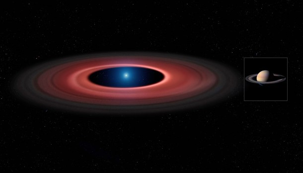 An artist's impression of the debris disc around the white dwarf SDSS J1228+1040 (left) at the same scale as Saturn and its rings (right). While the white dwarf in SDSS J1228+1040 has about seven times smaller diameter than Saturn, it has a mass 2500 times greater. Credit: Mark Garlick (www.markgarlick.com) and University of Warwick/ESO/NASA/Cassini An artist's impression of the debris disc around the white dwarf SDSS J1228+1040 (left) at the same scale as Saturn and its rings (right). While the white dwarf in SDSS J1228+1040 has about seven times smaller diameter than Saturn, it has a mass 2500 times greater. Credit: Mark Garlick (www.markgarlick.com) and University of Warwick/ESO/NASA/Cassini