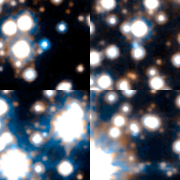 Hubble uncovered extremely faint and hot white dwarfs. This is a sample of 4 out of the 70 brightest white dwarfs spied by Hubble in the Milky Way's bulge. Astronomers picked them out based on their faintness, blue-white color, and motion relative to our sun. Credits: NASA/ESA/STScI/SWEEPS Science Team Hubble uncovered extremely faint and hot white dwarfs. This is a sample of 4 out of the 70 brightest white dwarfs spied by Hubble in the Milky Way's bulge. Astronomers picked them out based on their faintness, blue-white color, and motion relative to our sun. Credits: NASA/ESA/STScI/SWEEPS Science Team
